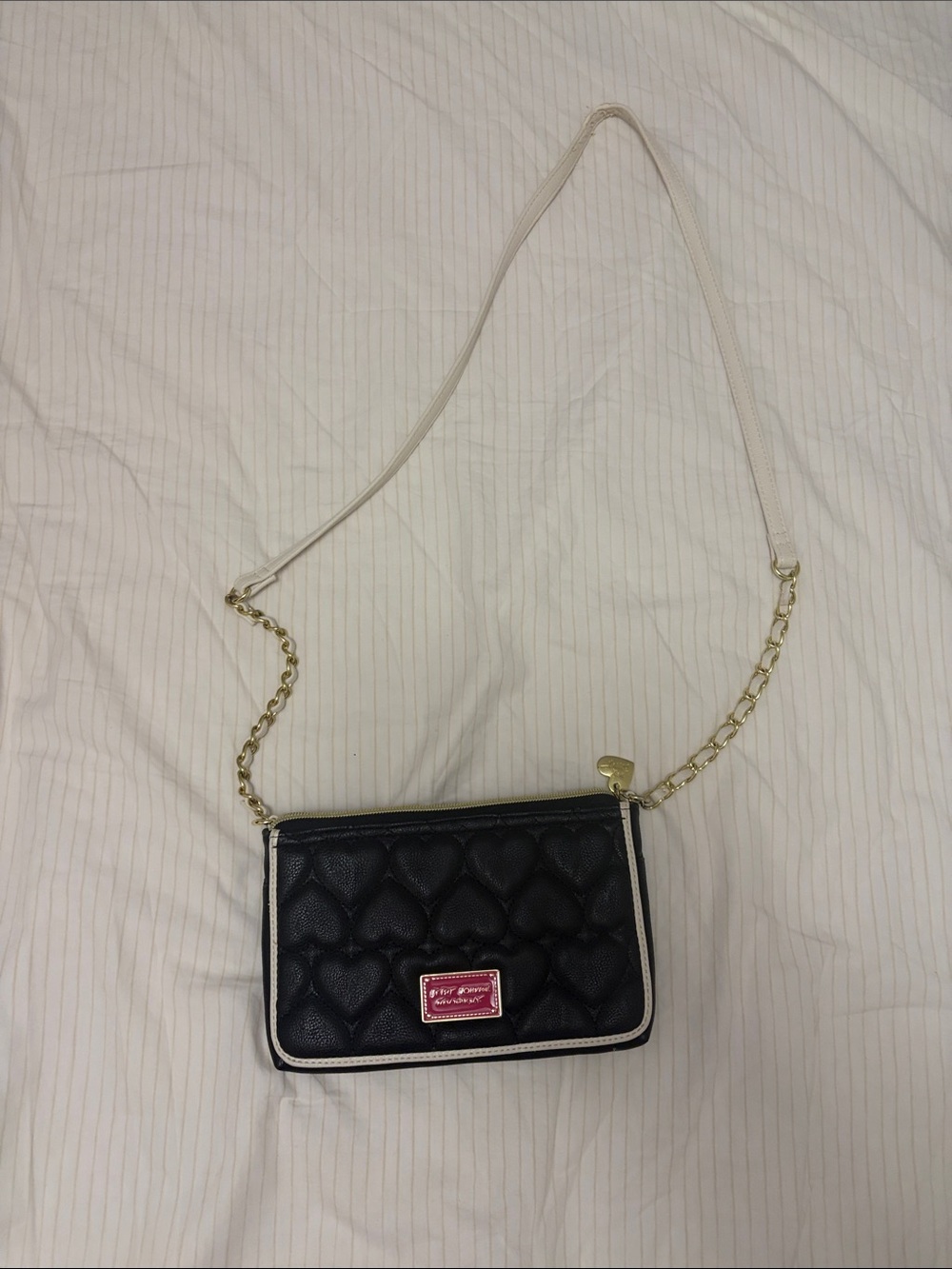 Betsy Johnson Heart-Quilted Black Crossbody Bag with Gold Chain